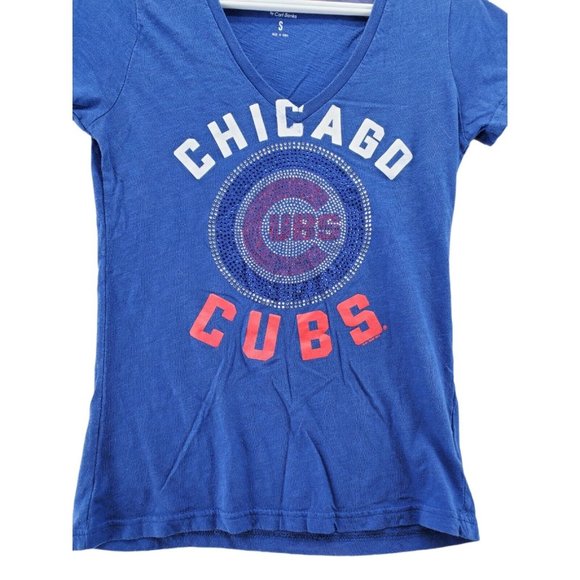 CHICAGO CUBS Shirt Women's Short Cap Sleeves V-Neck Blue Small - Picture 4 of 5